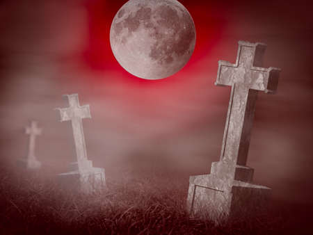 Mystery old graveyard with a group of cross tombstones at midnight  Halloween collageの写真素材