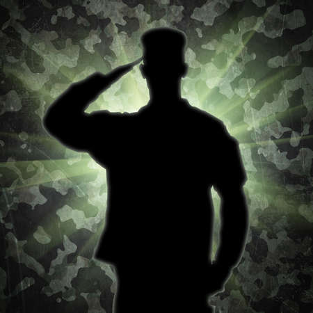 Saluting soldier's silhouette on a green army camouflage background