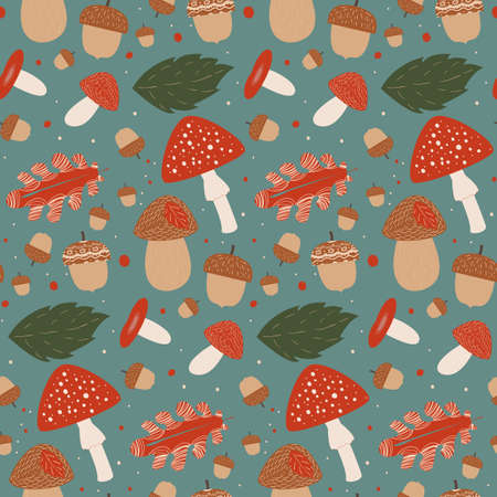 Seamless mushroom hunting vector pattern backgroundのイラスト素材