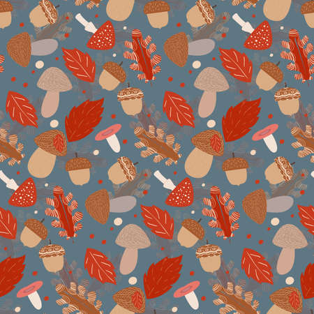 Seamless mushroom hunting vector pattern backgroundのイラスト素材
