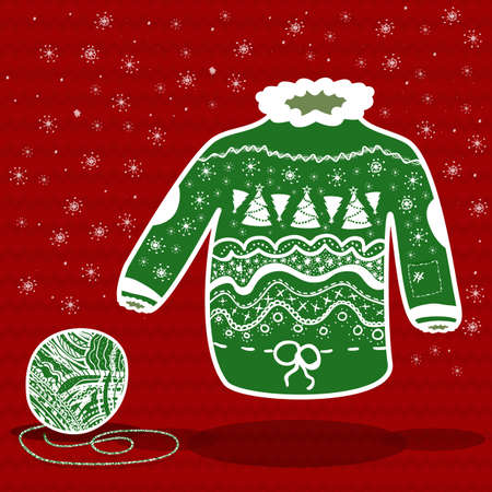 Green knitted christmas sweater and a ball of yarn on redのイラスト素材