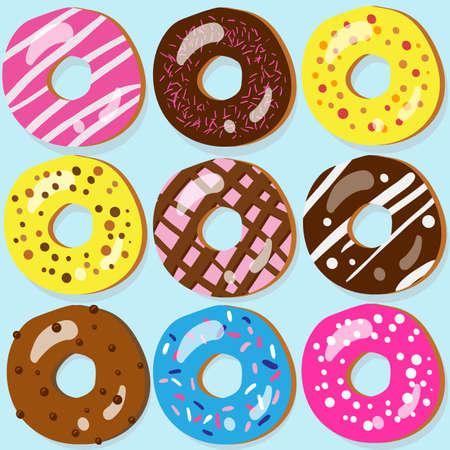 Set of 9 assorted doughnut icons with different toppingsのイラスト素材