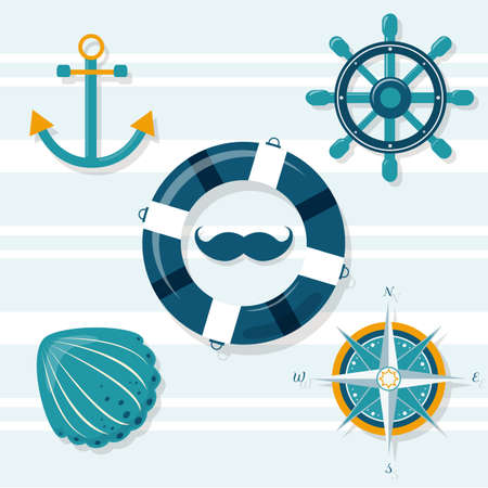 Set of 9 nautical illustrations: anchor, helm, lifebuoy,shell,wind roseのイラスト素材