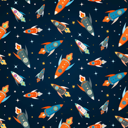 Seamless vector pattern of colorful rockets in outer space among the starsのイラスト素材