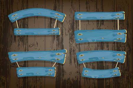 Blue painted wooden vector banners and ribbons hanging on ropes on wooden backgroundのイラスト素材