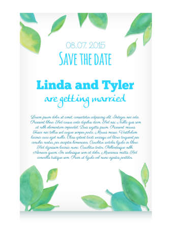 Vector invitation card with green hand drawn watercolor leaves. Save the dateのイラスト素材