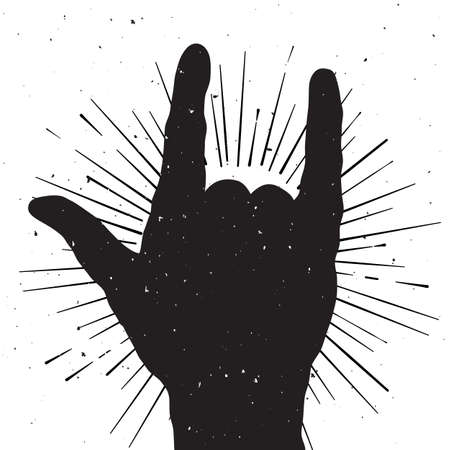 Rock hand sign silhouette, grunge template for your slogan, text or announcementのイラスト素材