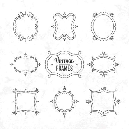Set of 9 cute vintage frames of different orientations and formats for your designsのイラスト素材