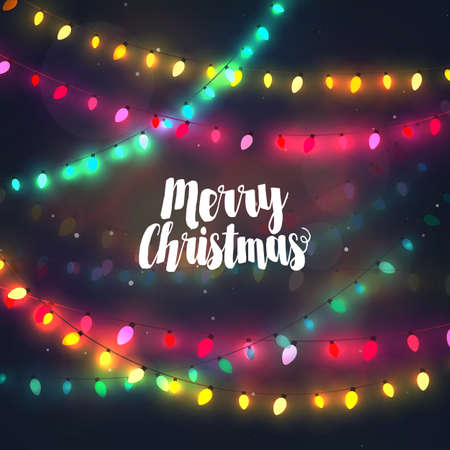 Cozy colorful Christmas lights garlands, greeting card with Merry Christmas typographyのイラスト素材