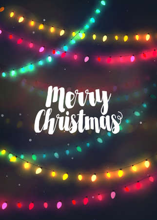 Cozy colorful Christmas lights garlands, greeting card with Merry Christmas typographyのイラスト素材