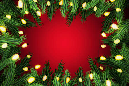 Christmas pine wreath with lights on festive red backgroundのイラスト素材