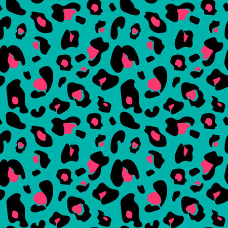 Colorful extravagant seamless leopard pattern in black, green and pinkのイラスト素材