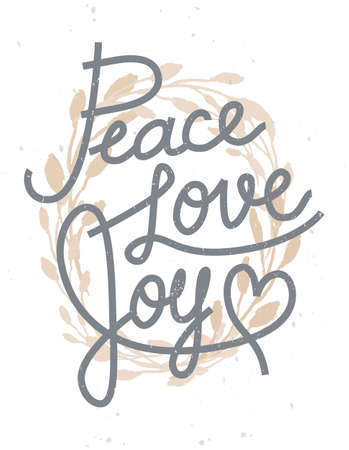 Peace, love, joy Christmas lettering quote with a golden wreath for invitations, greeting cards and other designsのイラスト素材