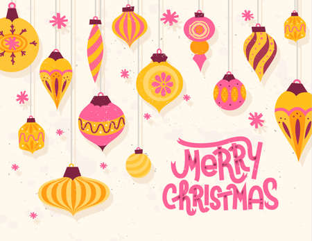 Festive Christmas greeting card with 50s retro style christmas ornamentsのイラスト素材