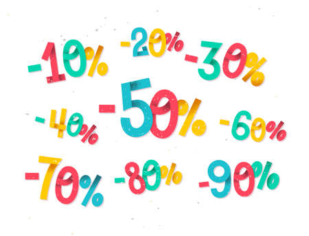 Colorful discount percentages, fun  childish folded paper style numbers for sales promotions and...