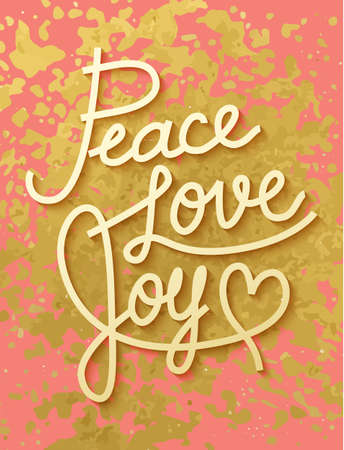 Gold leaf boho chic style christmas greeting card with wishes of peace, love and joy, shiny glitter splash and custom golden letteringのイラスト素材