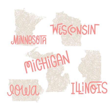 Minnesota, Wisconsin, Michigan,Iowa, Illinois USA state outline art with custom lettering for prints and crafts. United states of America wall art of individual statesのイラスト素材