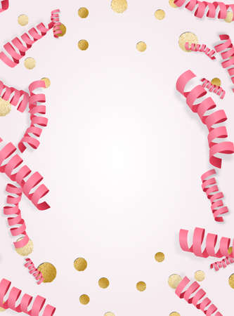 Holiday background with frame made of pink paper serpentine streamers and golden metallic confettiのイラスト素材