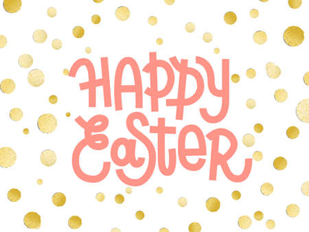 Happy Easter. Gold leaf boho chic style greeting card with shiny golden metallic confetti and custom lettering, hot foil, gold leaf decorationのイラスト素材