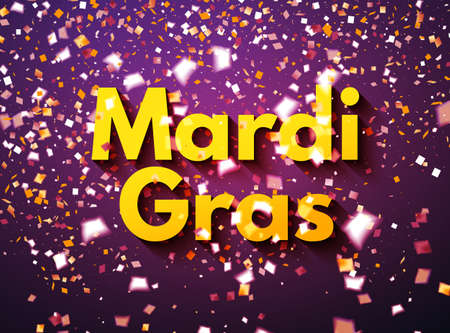 Purple Mardi Gras celebration or greeting card with flying golden and white confetti, some are out of focusのイラスト素材