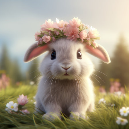 Easter bunny with a cute flower crownの素材