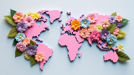 Map of the world cut out of paper, covered in beautiful paper flowersの素材