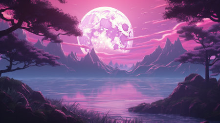 Lo-fi vaporwave aesthetic wallpaper, peaceful nature landscape with mountains at night in nostalgic pastel purple colorsの素材