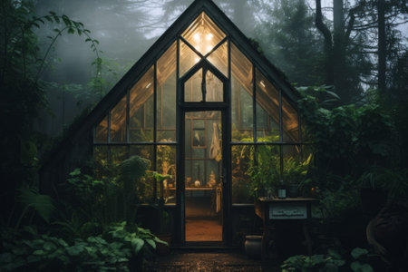 Aesthetic fogged-up greenhouse full of plants in a serene countrysideの素材