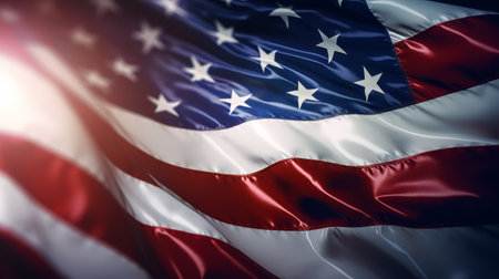 American flag, USA national Star-Spangled banner proudly waving in the windの素材