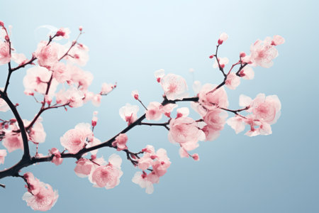 Blossoming sakura season, Japanese cherry tree in bloom against the blue sky backgroundの素材