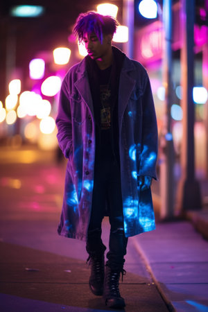 Modern urban street fashion, a trendy young black man wearing a stylish outfit in a big city at nightの素材