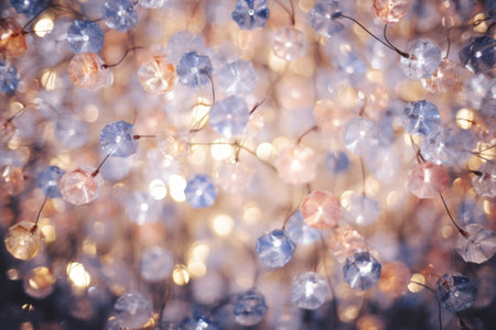 Glowing Christmas wallpaper with sparkling snowflakes and frosty details illuminated by the warm glowing lightの素材