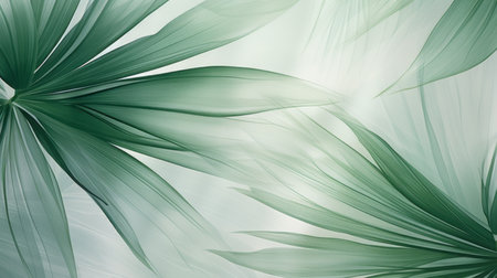 Fresh, delicate, ethereal tropical leaves background with a mist effect, translucent rainforest greenery designの素材