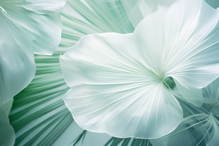 Fresh, delicate, ethereal tropical leaves background with a mist effect, translucent rainforest greenery designの素材