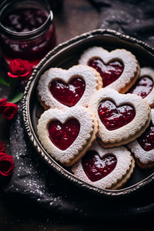 Heart-shaped thumbprint cookies with raspberry jam, Valentine's Day dessert idea food photographyの素材