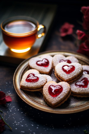 Heart-shaped thumbprint cookies with raspberry jam, Valentine's Day dessert idea food photographyの素材