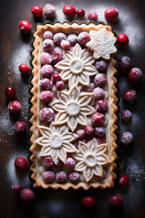 Cranberry pie decorated with berries and snowflake-shaped dough cutouts, Christmas dessert idea food photographyの素材