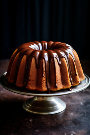 Chocolate bundt cake decorated with chocolate glaze, holiday dessert food photographyの素材