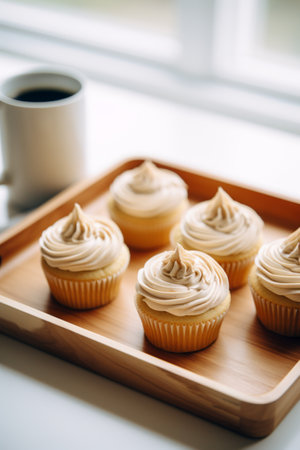 Cupcakes with vanilla frosting and a cup of coffee, candid bakery setting photographyの素材