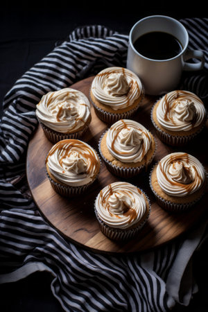 Cupcakes with vanilla and coffee-caramel frosting, modern food blog photographyの素材