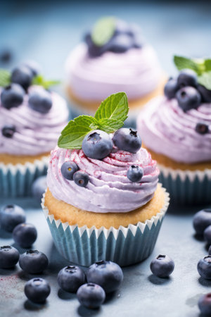 Blueberry cupcakes decorated with lavender frosting, blueberries and mintの素材