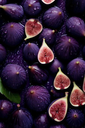 Overhead view of whole and halved figs, fresh produce photography, new harvestの素材