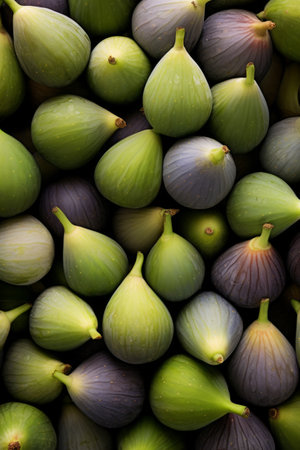 Overhead view of whole green figs, fresh produce photography, new harvestの素材
