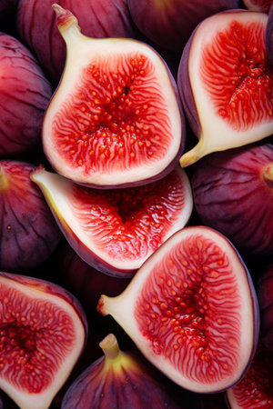 Overhead view of whole and halved figs, fresh produce photography, new harvestの素材