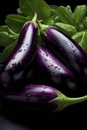 Eggplant harvest: assortment of locally grown fresh Globe eggplants at the farmer's marketの素材