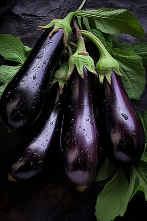 Eggplant harvest: assortment of locally grown fresh Globe eggplants at the farmer's marketの素材