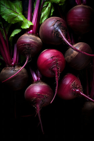 Heap of vibrant fresh beets at the farmer's market, locally grown new harvest, top viewの素材