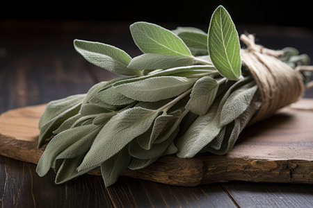 Bunch of sage, aromatic cooking herbs tied by ropeの素材