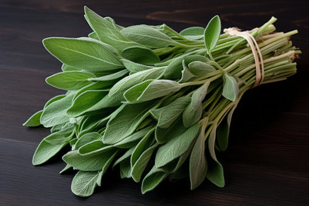 Bunch of sage, aromatic cooking herbs tied by ropeの素材