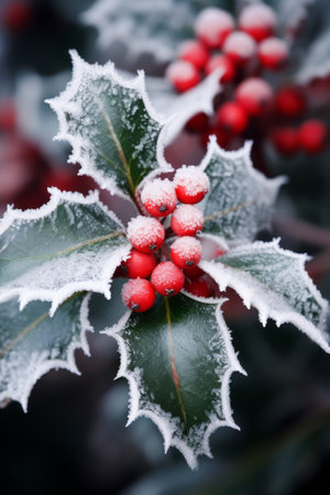 Common Holly bush with spiky leaves and red berries, covered in winter frost, a traditional Christmas decorative plantの素材